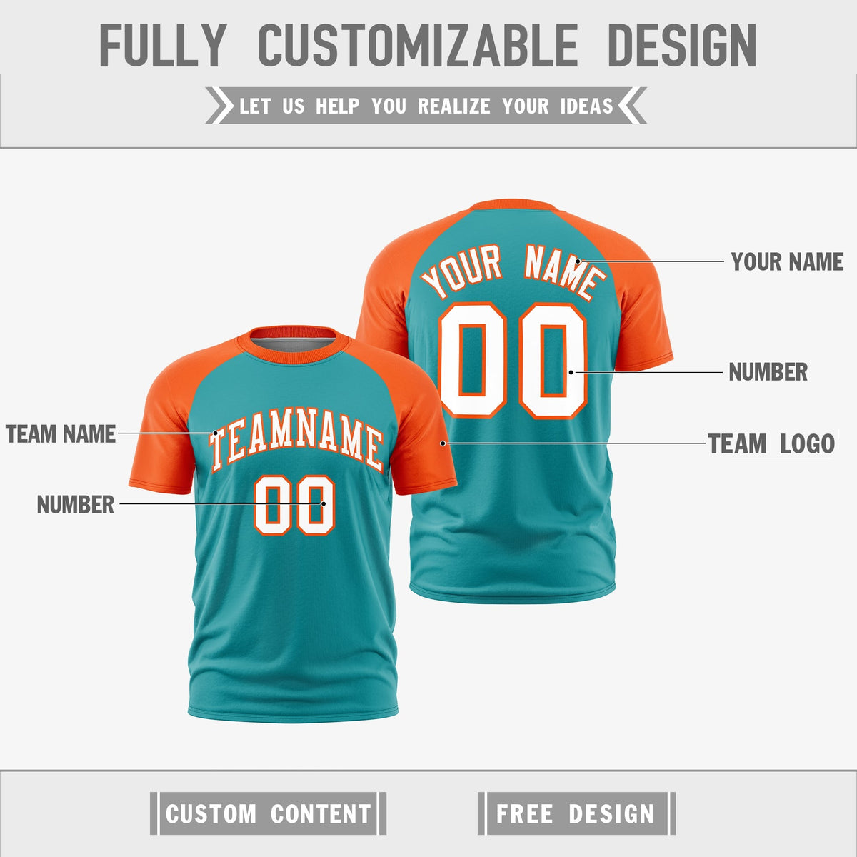 Custom Aqua Orange White Reversible Raglan Sleeves Quick Dry T-shirt| KXKSHOP