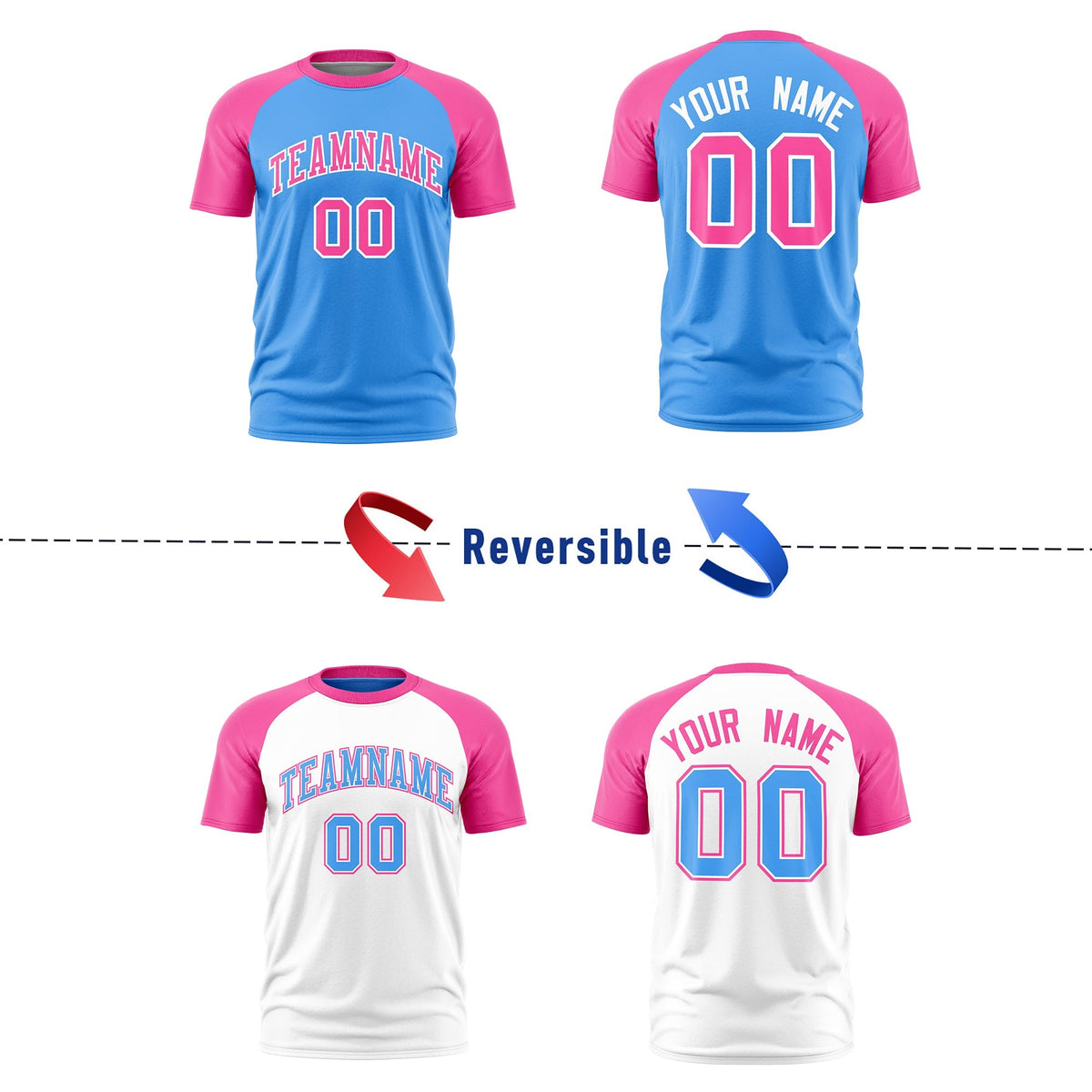 Custom Powder Blue Pink White Reversible Raglan Sleeves Quick Dry T-shirt| KXKSHOP