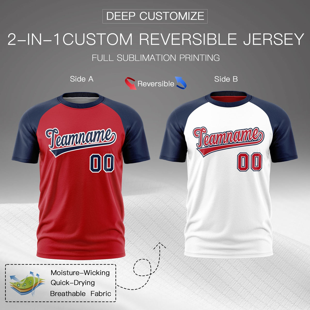 Custom Red Navy White Reversible Raglan Sleeves Quick Dry T-shirt| KXKSHOP