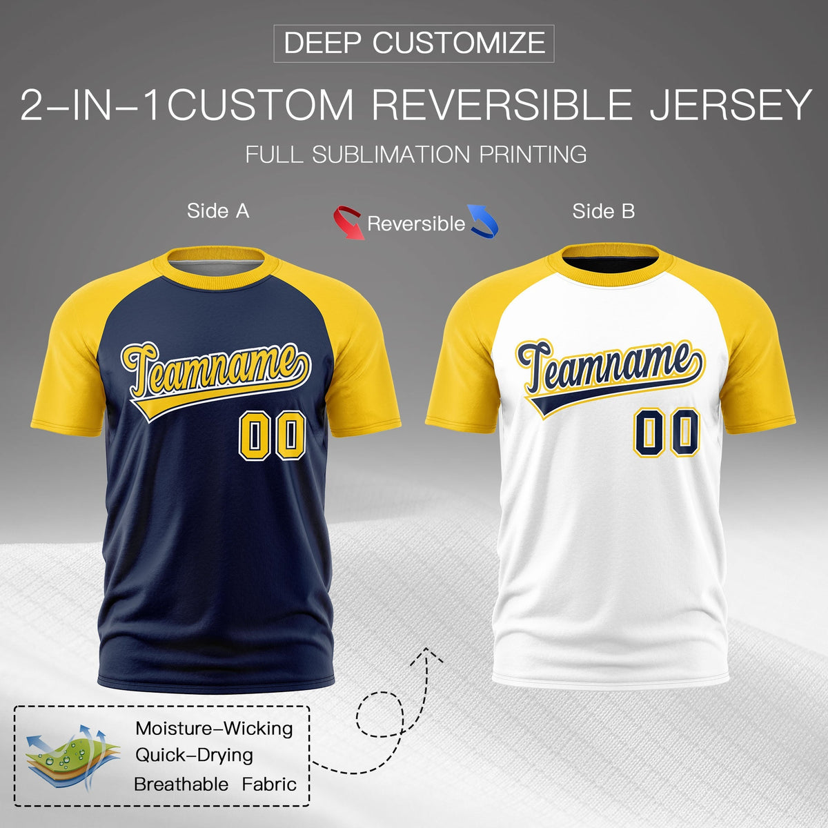 Custom Navy Gold White Reversible Raglan Sleeves Quick Dry T-shirt| KXKSHOP