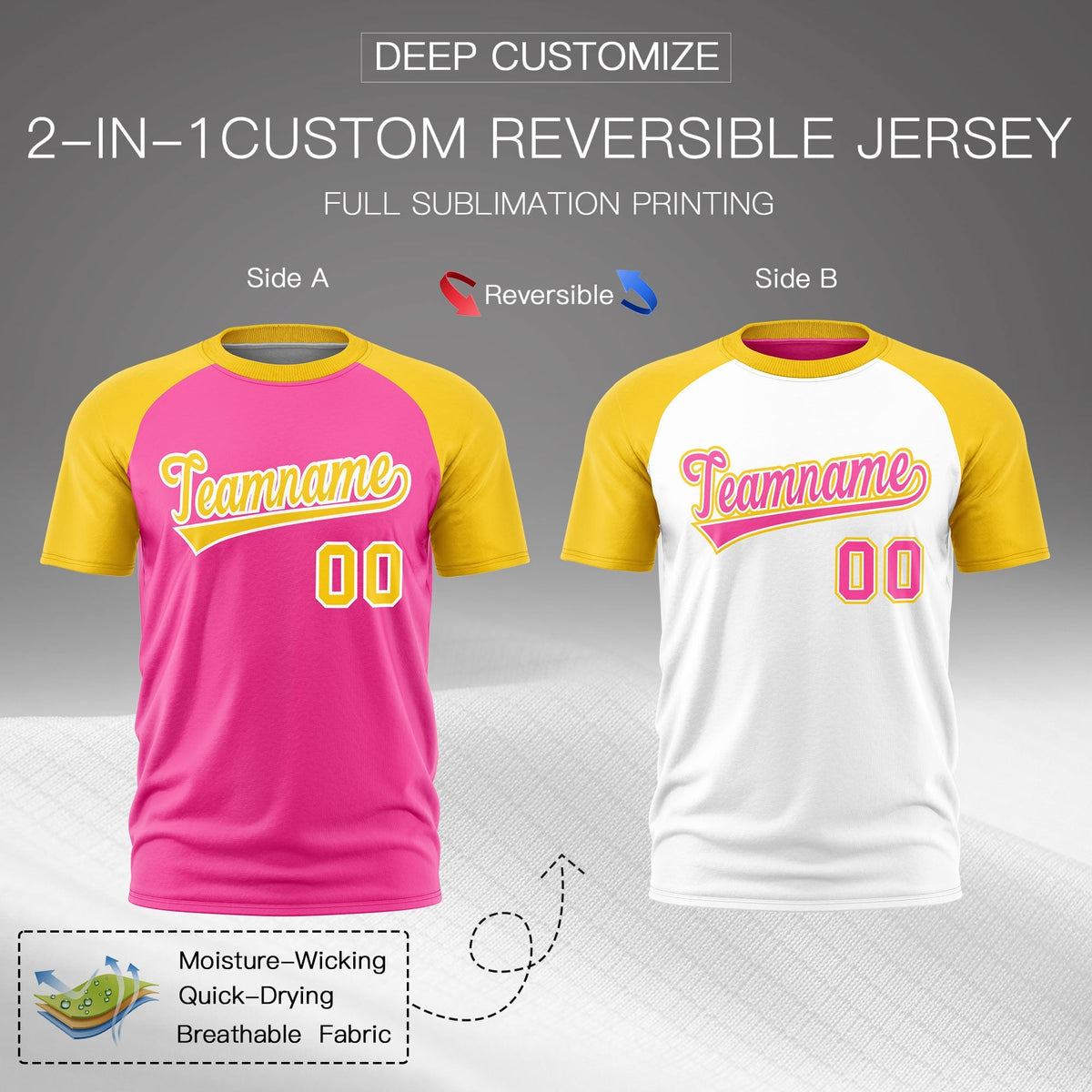 Custom Pink Gold White Reversible Raglan Sleeves Quick Dry T-shirt| KXKSHOP