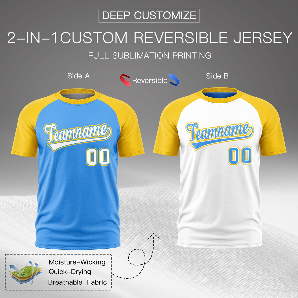 Custom Powder Blue Gold White Reversible Raglan Sleeves Moisture-Wicking T-shirt| KXKSHOP