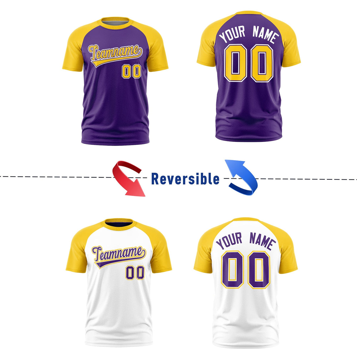 Custom Purple Gold White Reversible Raglan Sleeves Quick Dry T-shirt| KXKSHOP