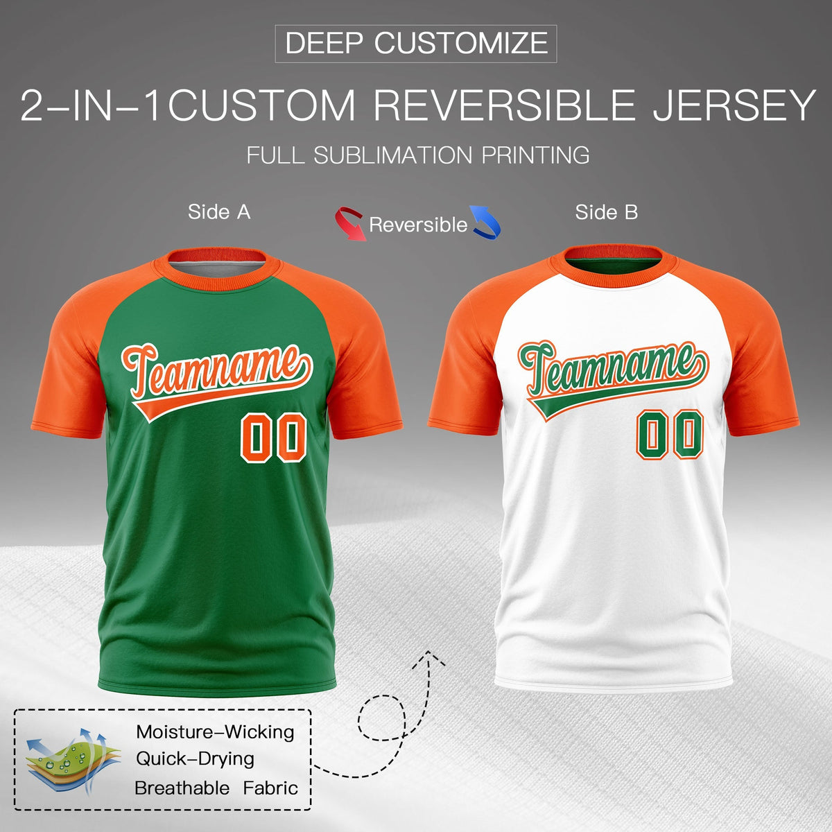 Custom Kelly Green Orange White Reversible Raglan Sleeves Quick Dry T-shirt| KXKSHOP