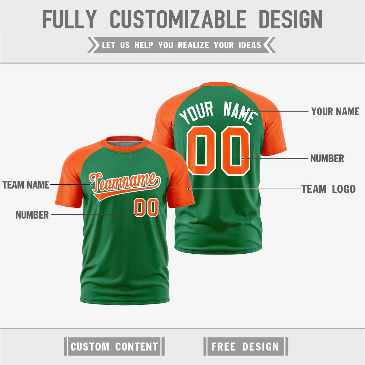 Custom Kelly Green Orange White Reversible Raglan Sleeves Quick Dry T-shirt| KXKSHOP