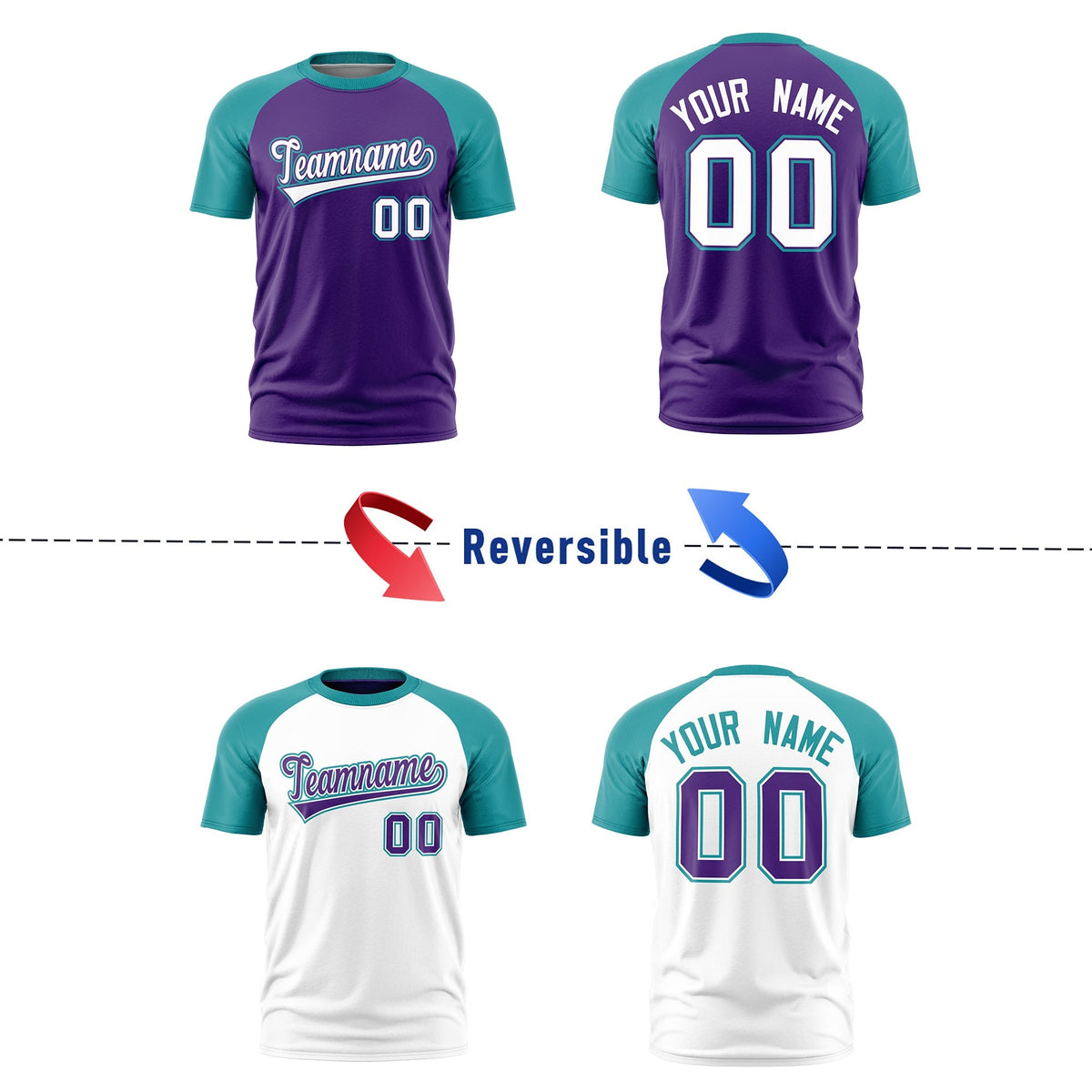 Custom Purple Teal White Reversible Raglan Sleeves Quick Dry T-shirt| KXKSHOP