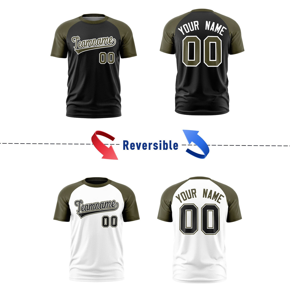 Custom Black Olive White Reversible Raglan Sleeves Quick Dry T-shirt| KXKSHOP