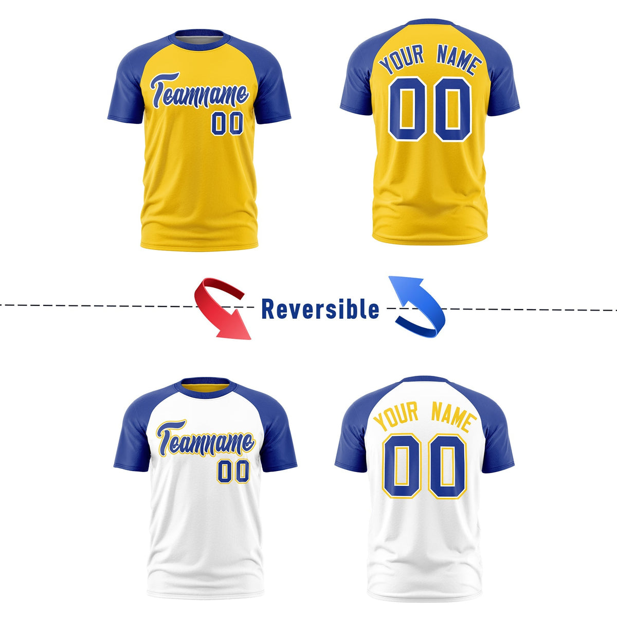 Custom Gold Royal Blue White Reversible Raglan Sleeves Moisture-Wicking T-shirt| KXKSHOP