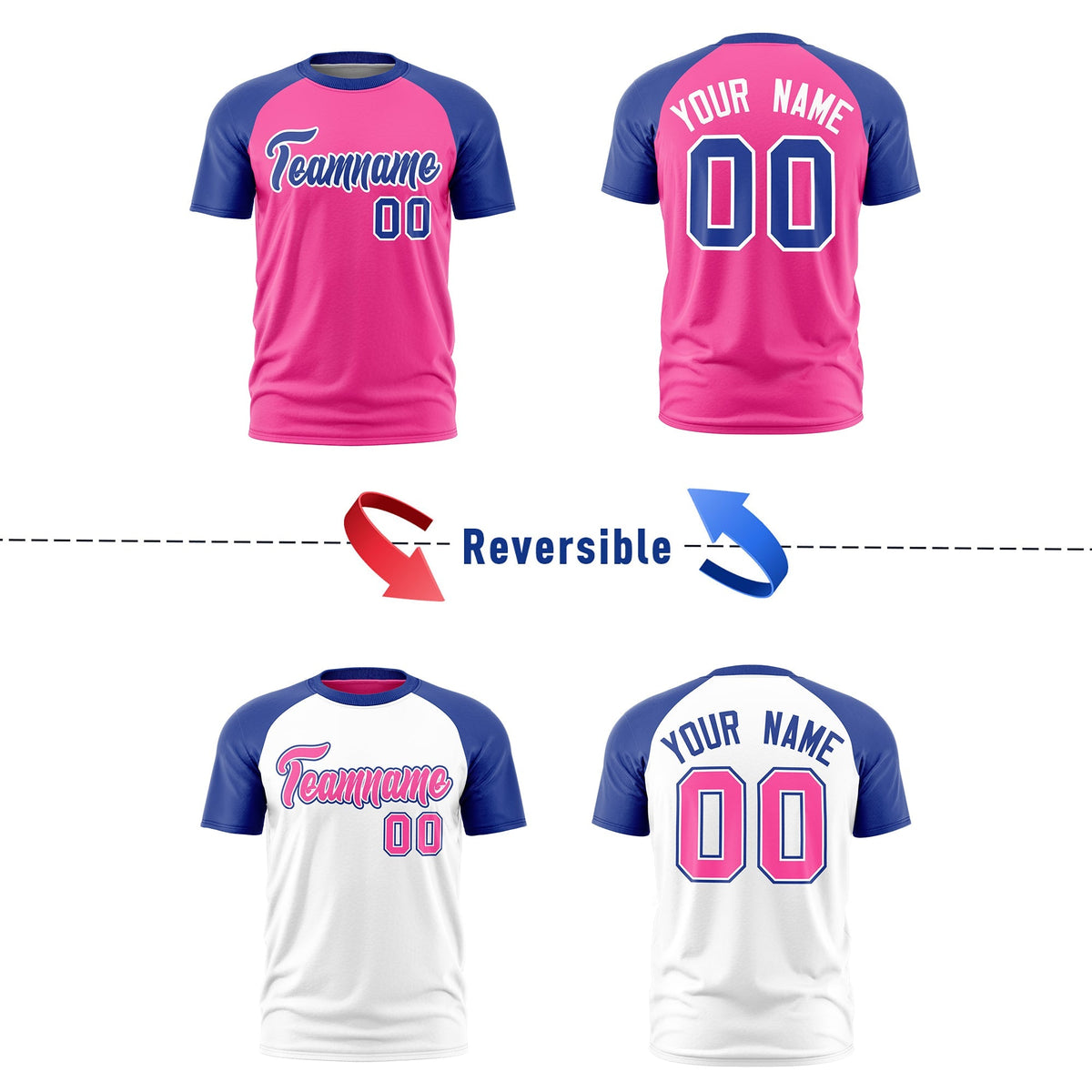 Custom Pink White Royal Blue Reversible Raglan Sleeves Quick Dry T-shirt| KXKSHOP