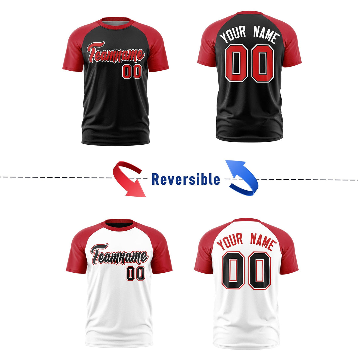Custom Red Black White Reversible Raglan Sleeves Moisture-Wicking T-shirt| KXKSHOP