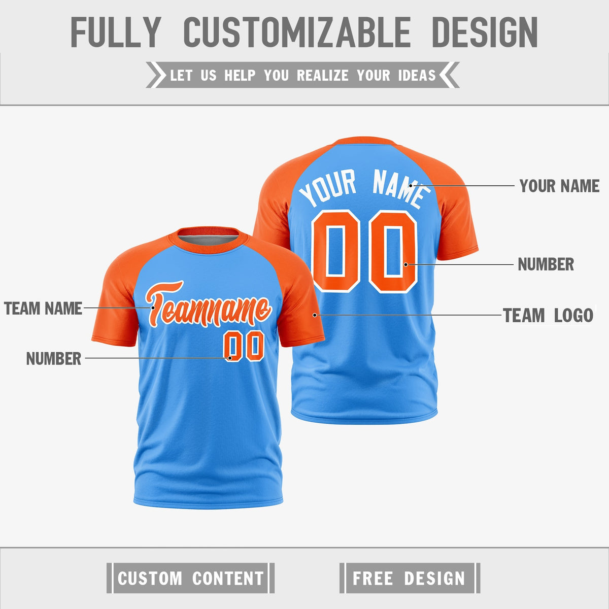Custom Powder Blue Orange White Reversible Raglan Sleeves Moisture-Wicking T-shirt| KXKSHOP