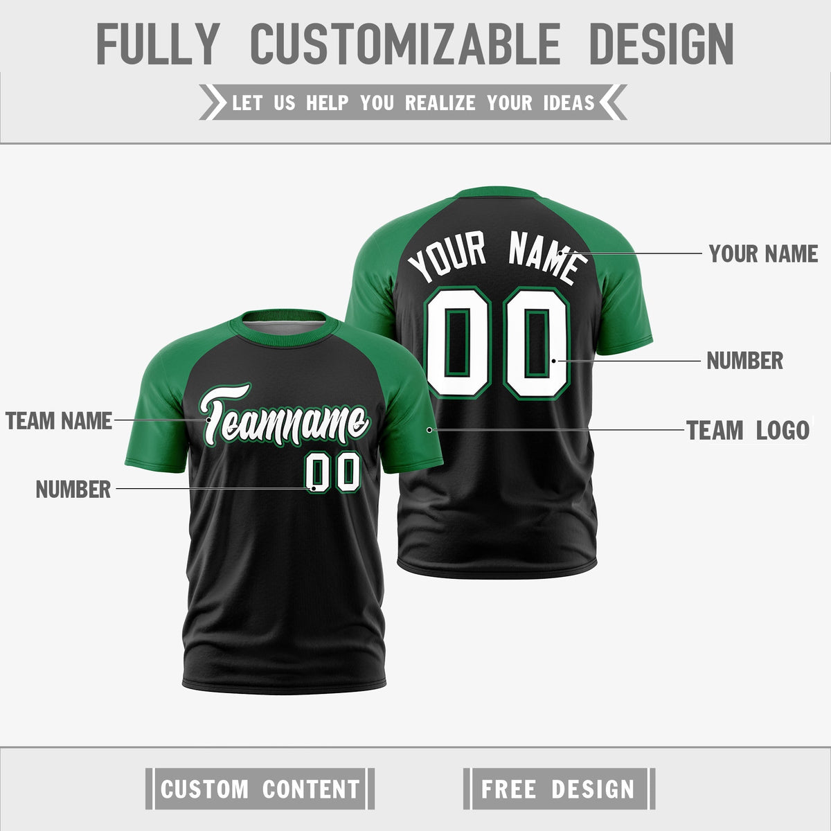 Custom Black Kelly Green White Reversible Raglan Sleeves Moisture-Wicking T-shirt| KXKSHOP