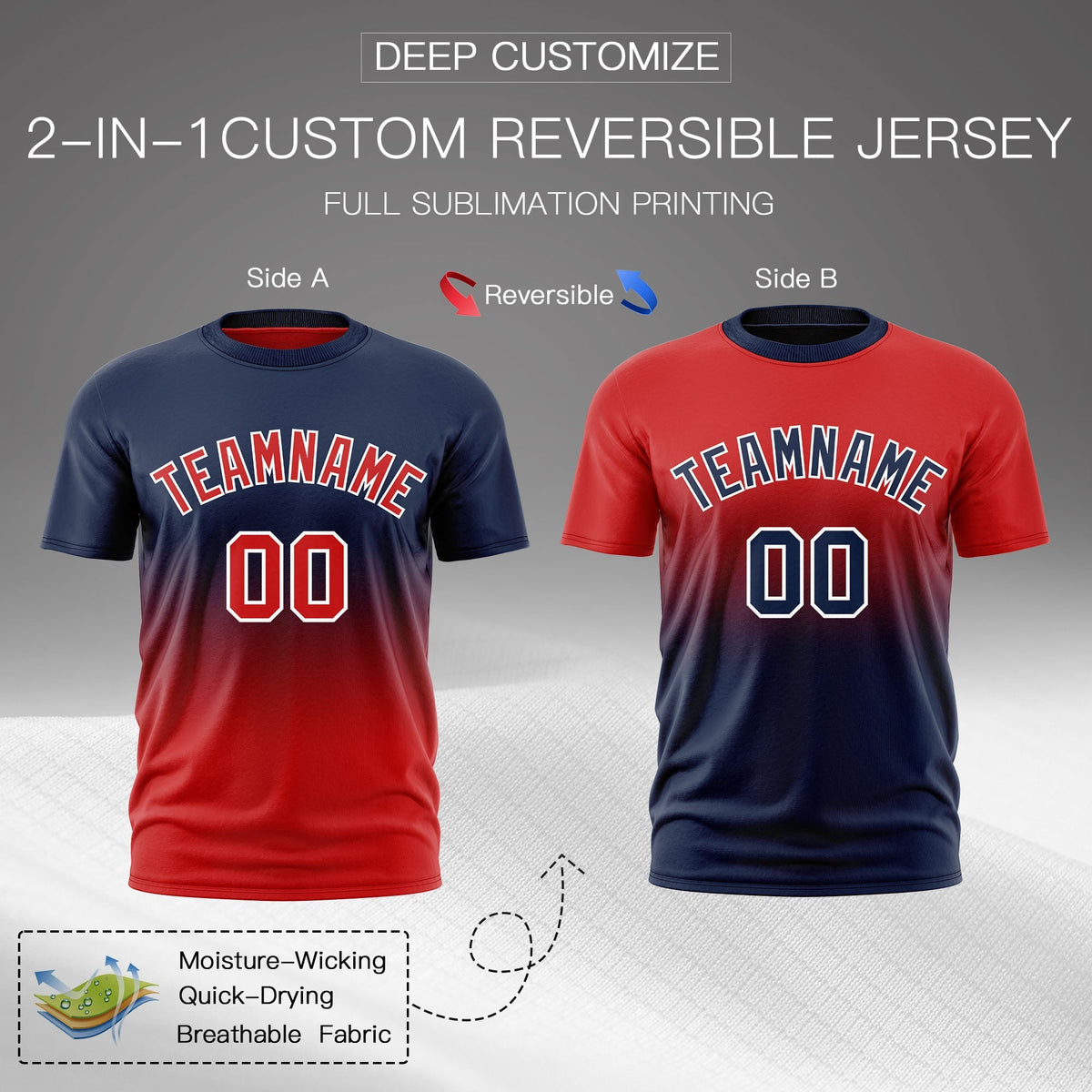 Custom Red Navy Gradient Fashion Reversible Quick Dry T-shirt| KXKSHOP