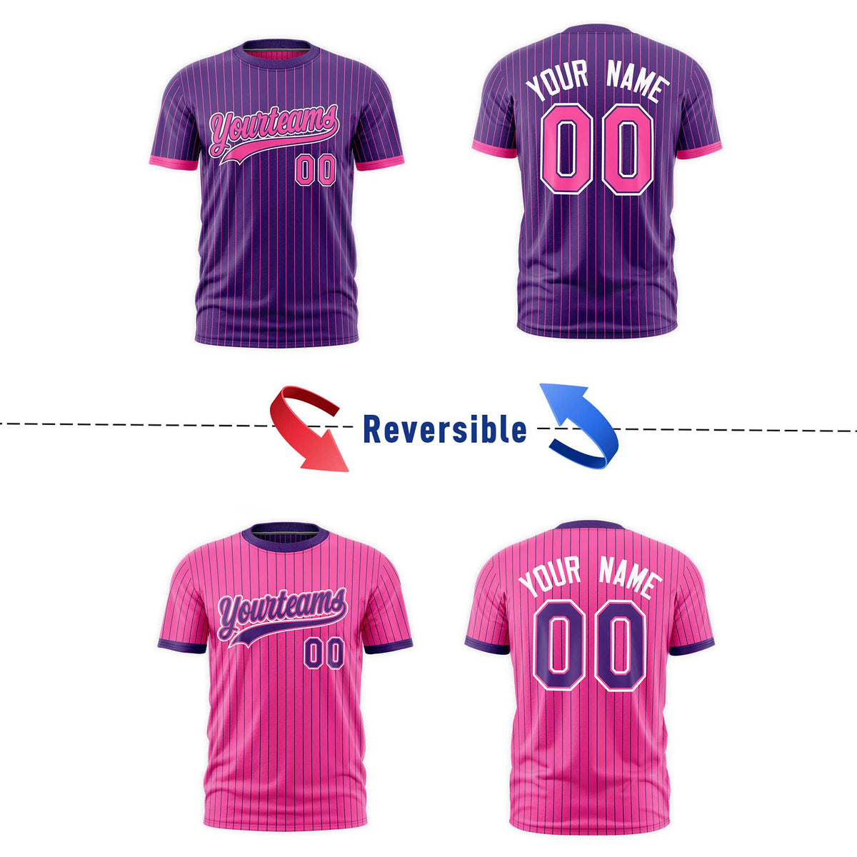 Custom Pink Purple White Reversible Stripe Fashion T-shirt| KXKSHOP