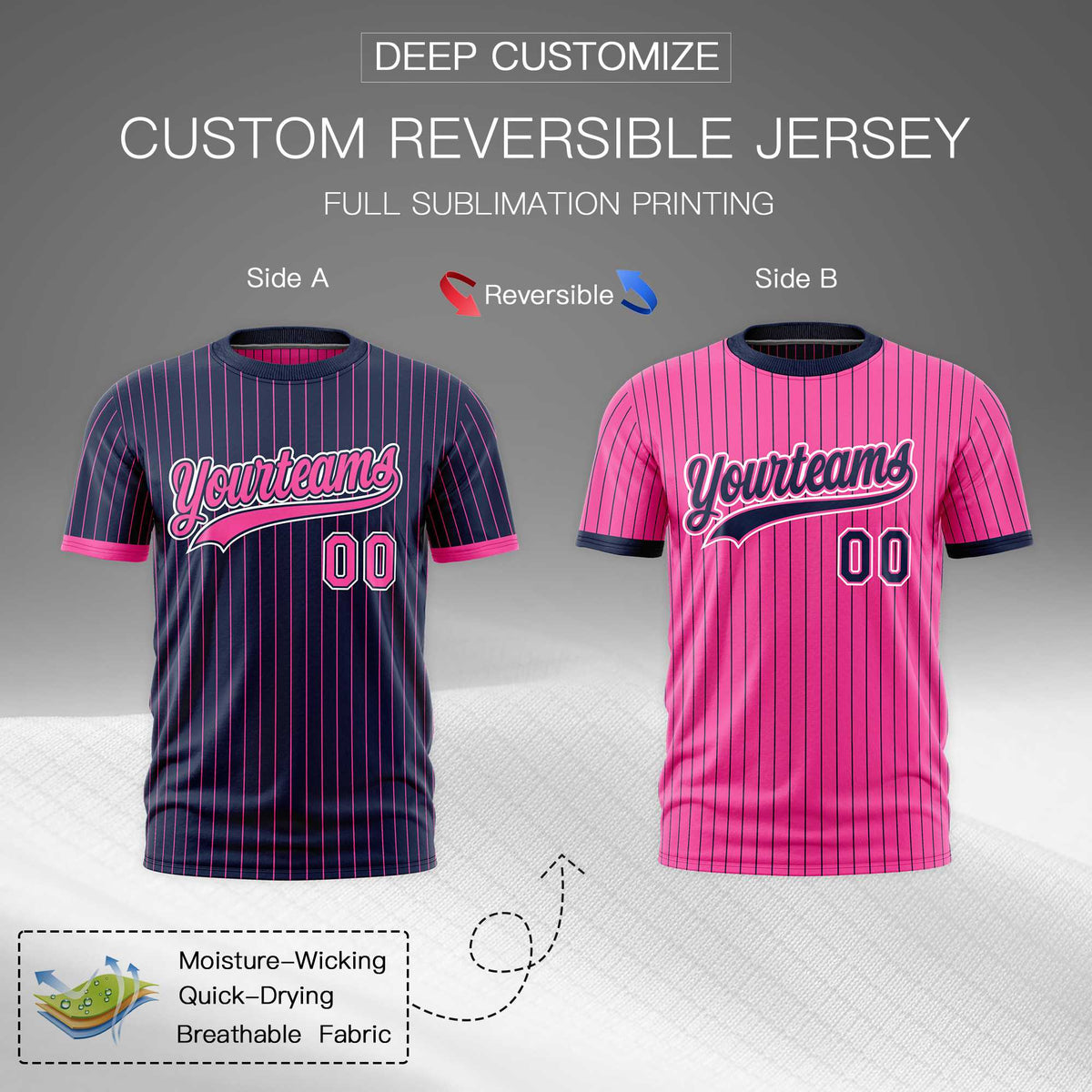 Custom Pink Navy White Reversible Stripe Fashion T-shirt| KXKSHOP