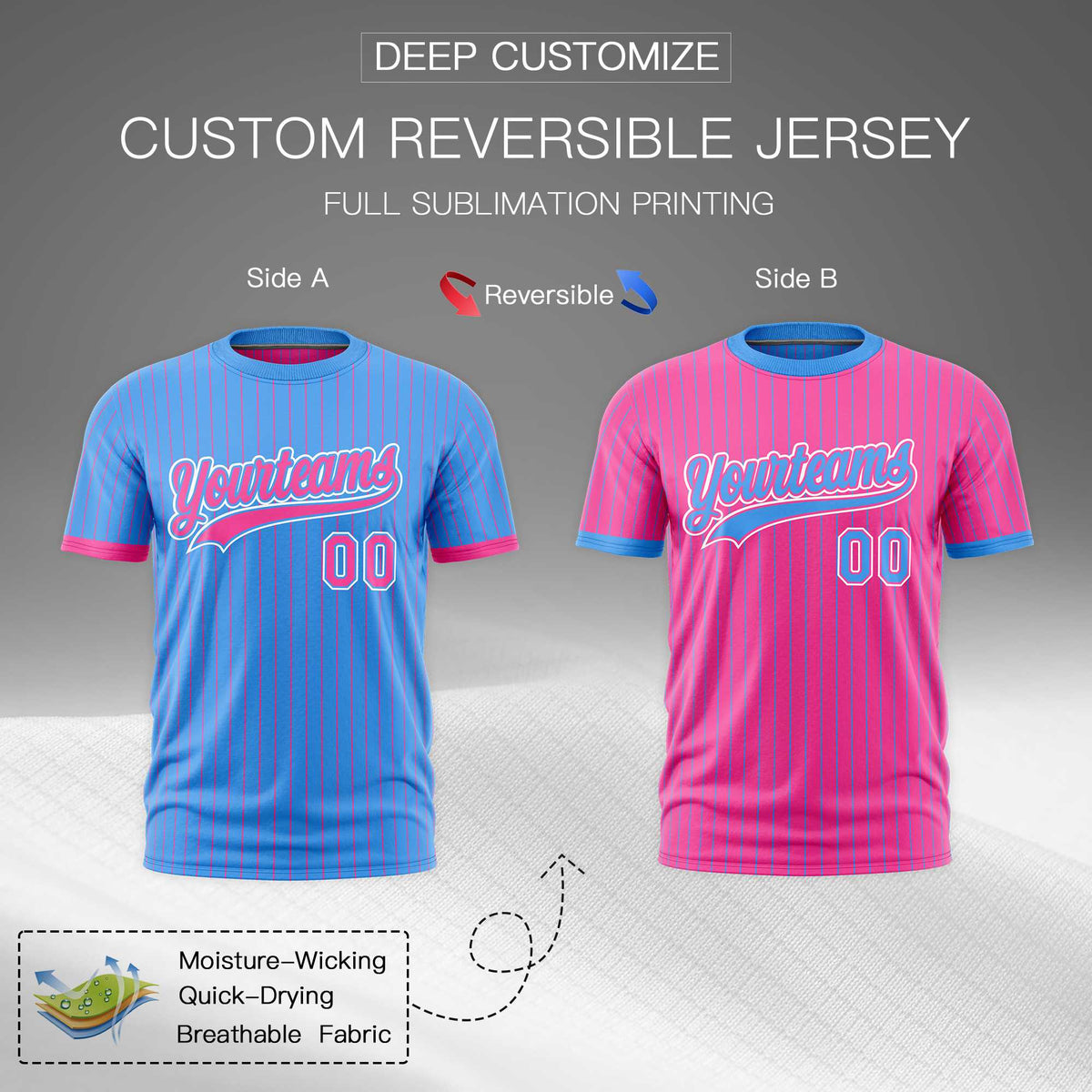 Custom Pink Powder Blue White Reversible Stripe Fashion T-shirt| KXKSHOP