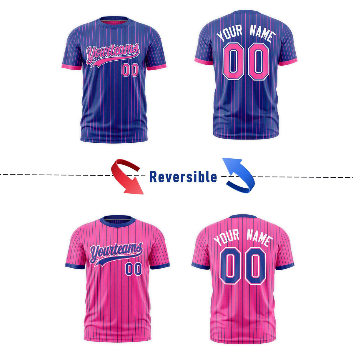 Custom Pink Royal Blue White Reversible Stripe Fashion T-shirt| KXKSHOP