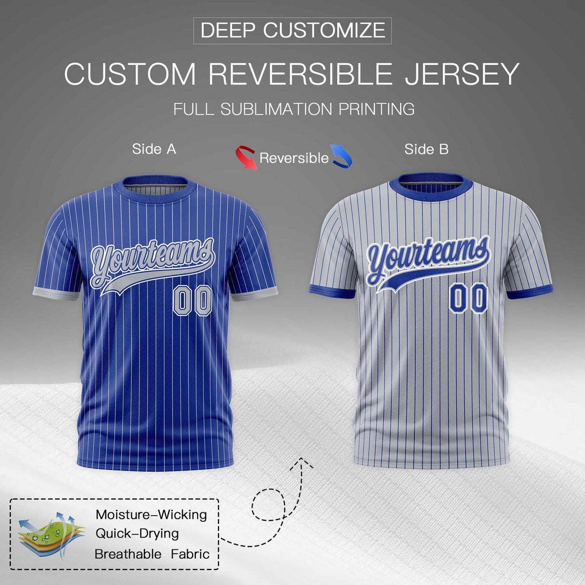 Custom Silver Royal Blue White Reversible Stripe Fashion T-shirt| KXKSHOP