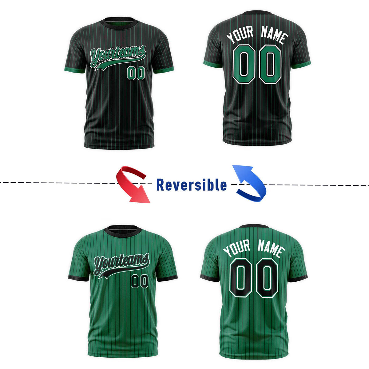 Custom Kelly Green Black White Reversible Stripe Fashion T-shirt| KXKSHOP