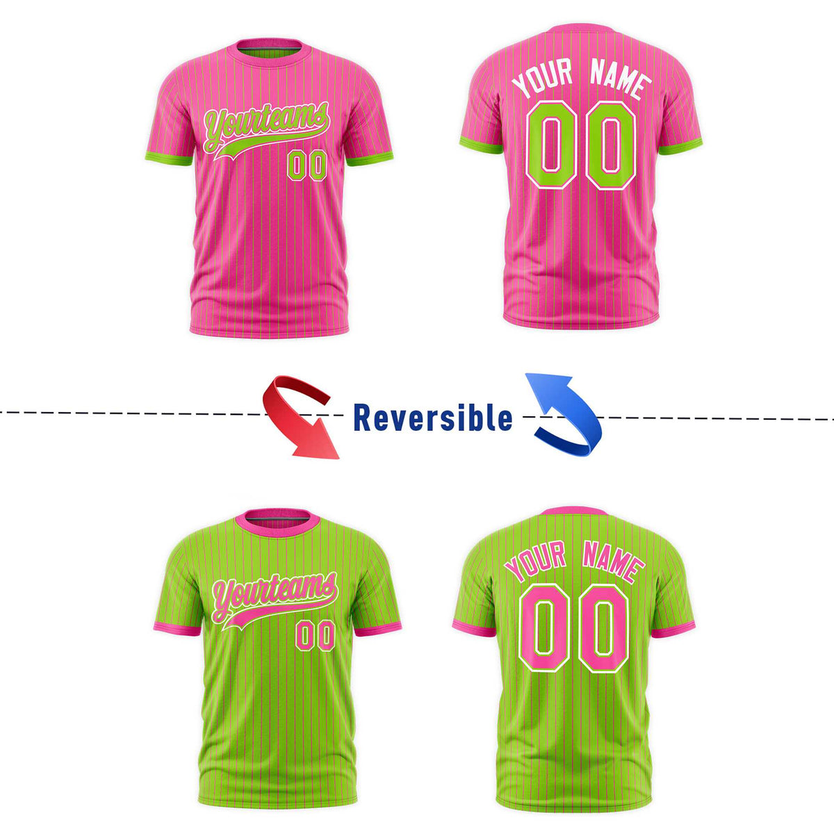 Custom Neon Green Pink White Reversible Stripe Fashion T-shirt| KXKSHOP