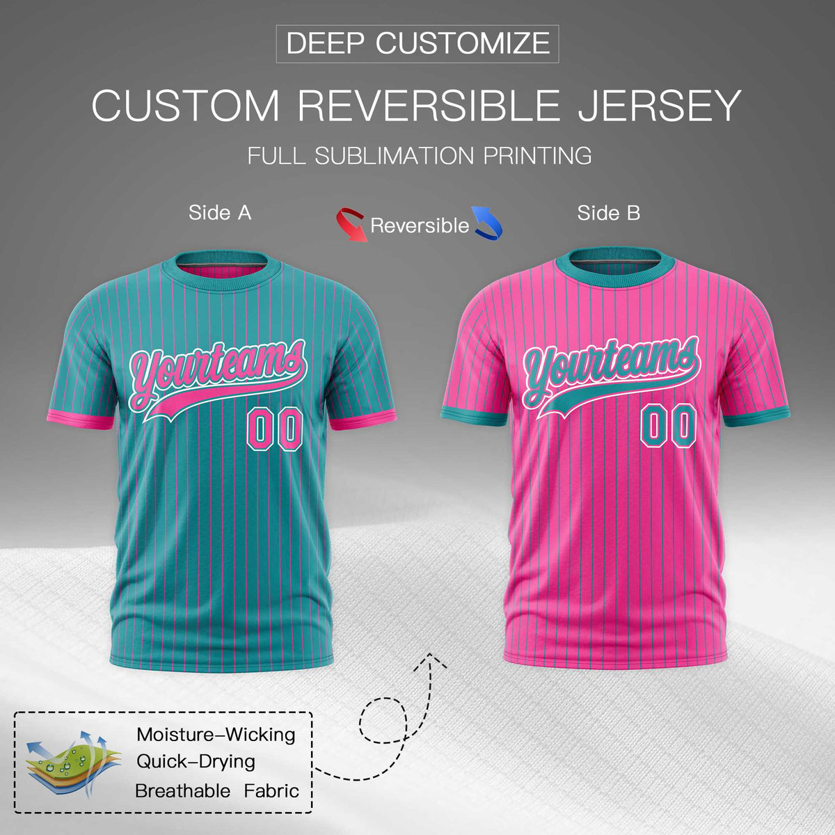 Custom Pink Aqua White Reversible Stripe Fashion T-shirt| KXKSHOP