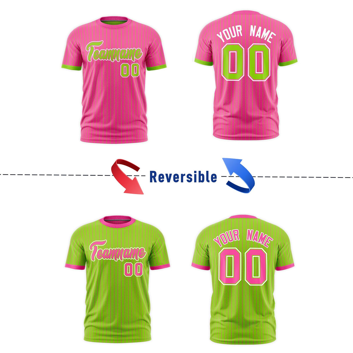 Custom Neon Green Pink White Reversible Stripe Fashion T-shirt| KXKSHOP