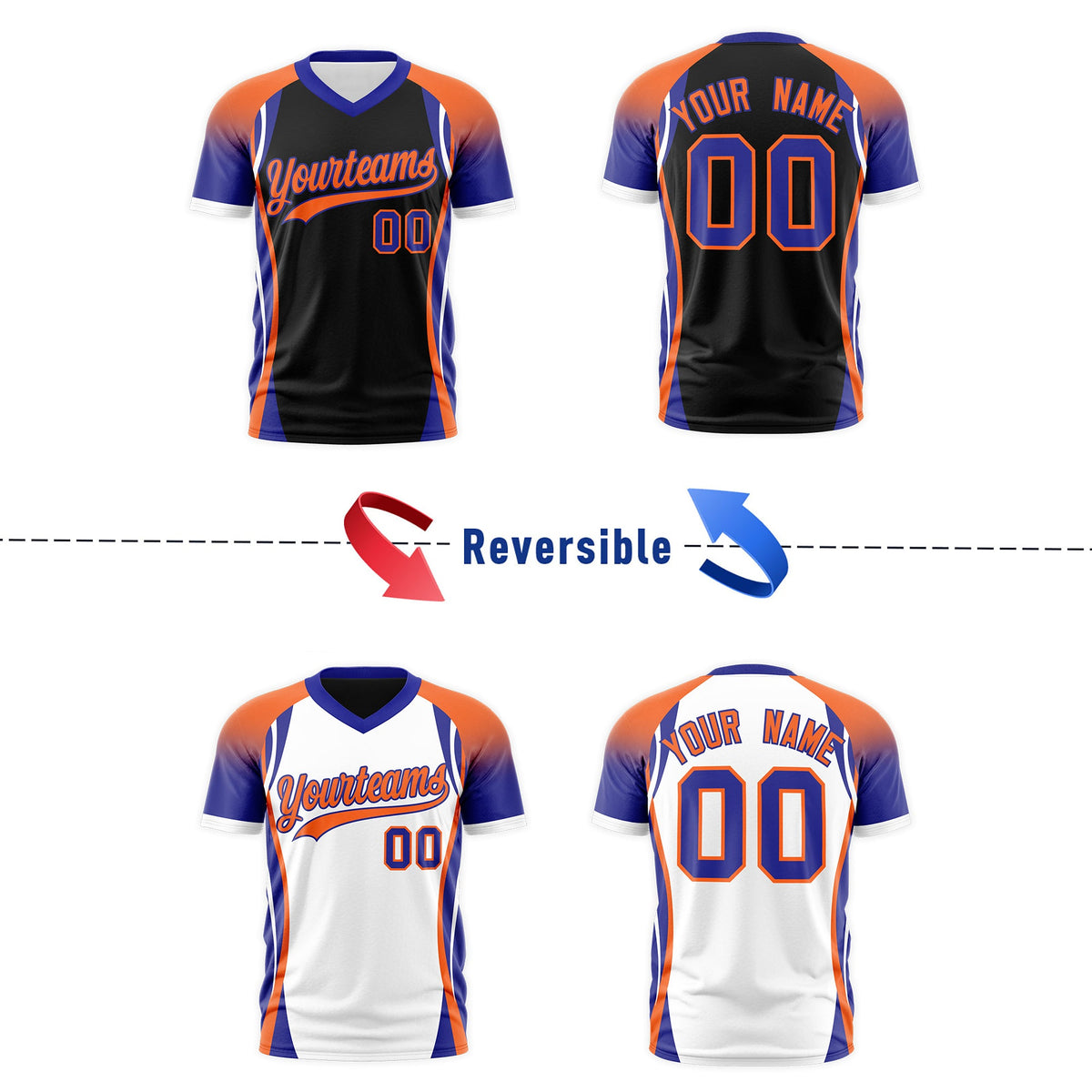 Custom Black Orange Royal Blue Reversible Wrinkle-Resistant T-shirt| KXKSHOP