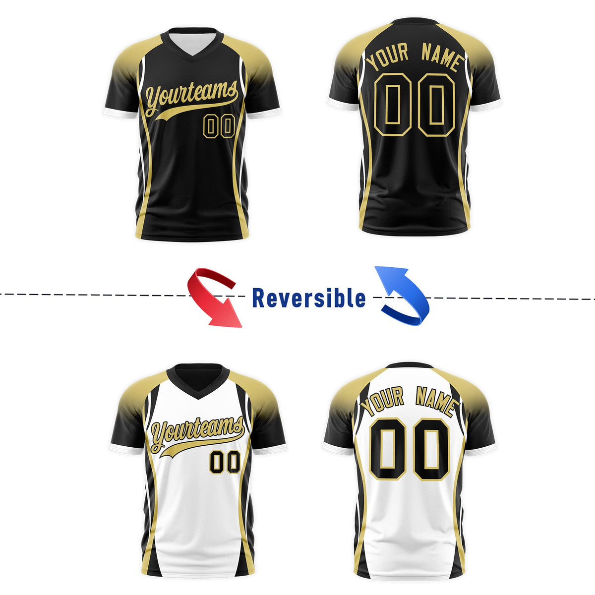 Custom Black Old Gold White Reversible Wrinkle-Resistant T-shirt| KXKSHOP