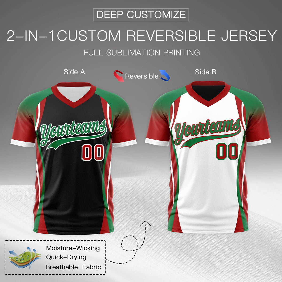 Custom Black Kelly Green Red Reversible Wrinkle-Resistant T-shirt| KXKSHOP