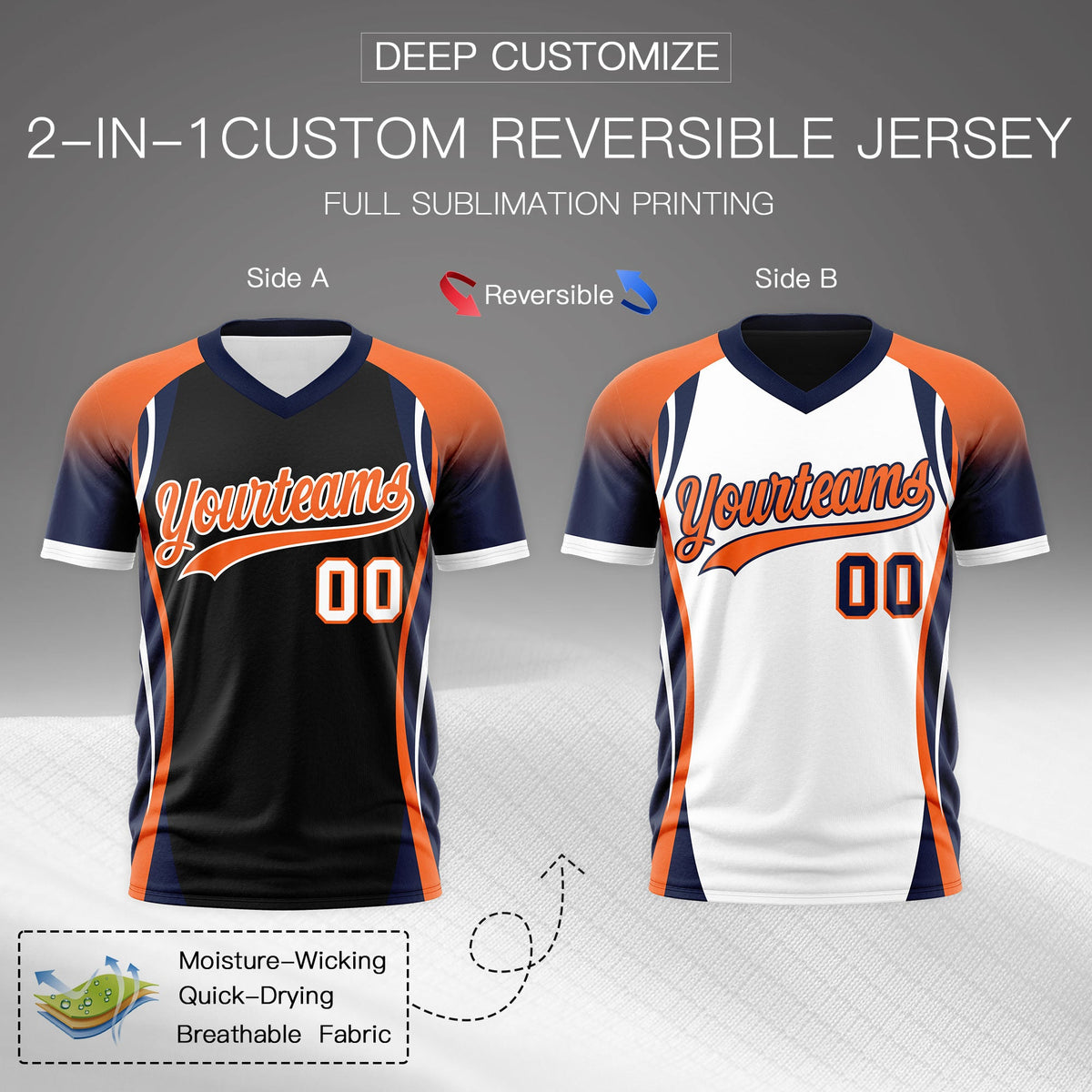 Custom Black Orange Navy Reversible Wrinkle-Resistant T-shirt| KXKSHOP