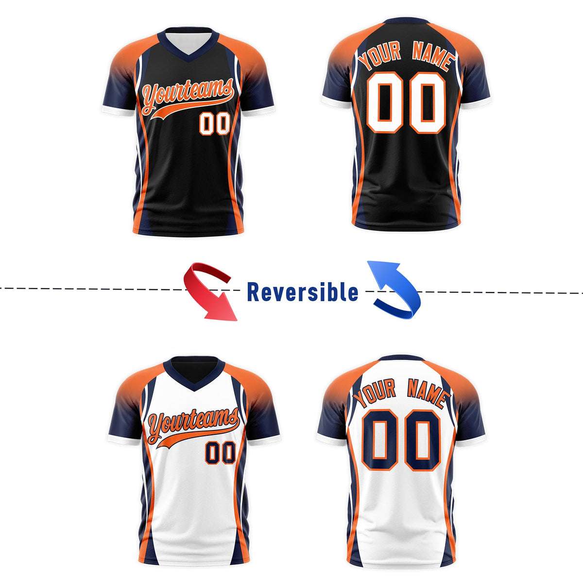 Custom Black Orange Navy Reversible Wrinkle-Resistant T-shirt| KXKSHOP