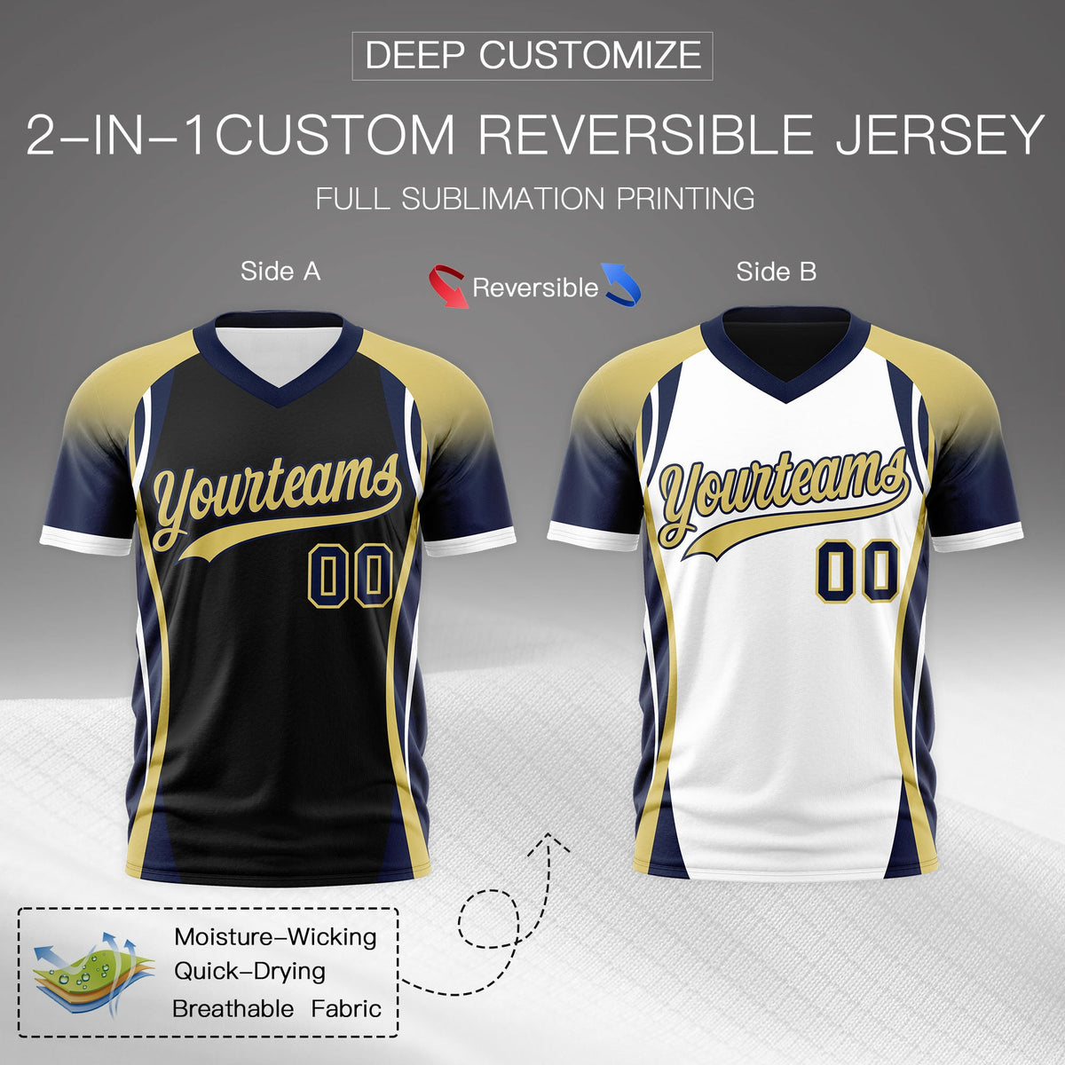 Custom Black Old Gold Navy Reversible Wrinkle-Resistant T-shirt| KXKSHOP