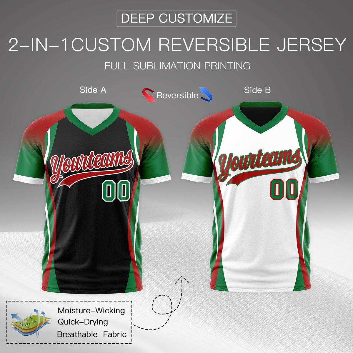 Custom Black Red Kelly Green Reversible Wrinkle-Resistant T-shirt| KXKSHOP