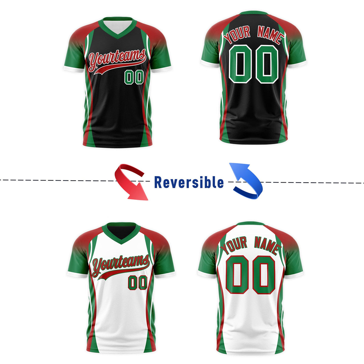 Custom Black Red Kelly Green Reversible Wrinkle-Resistant T-shirt| KXKSHOP