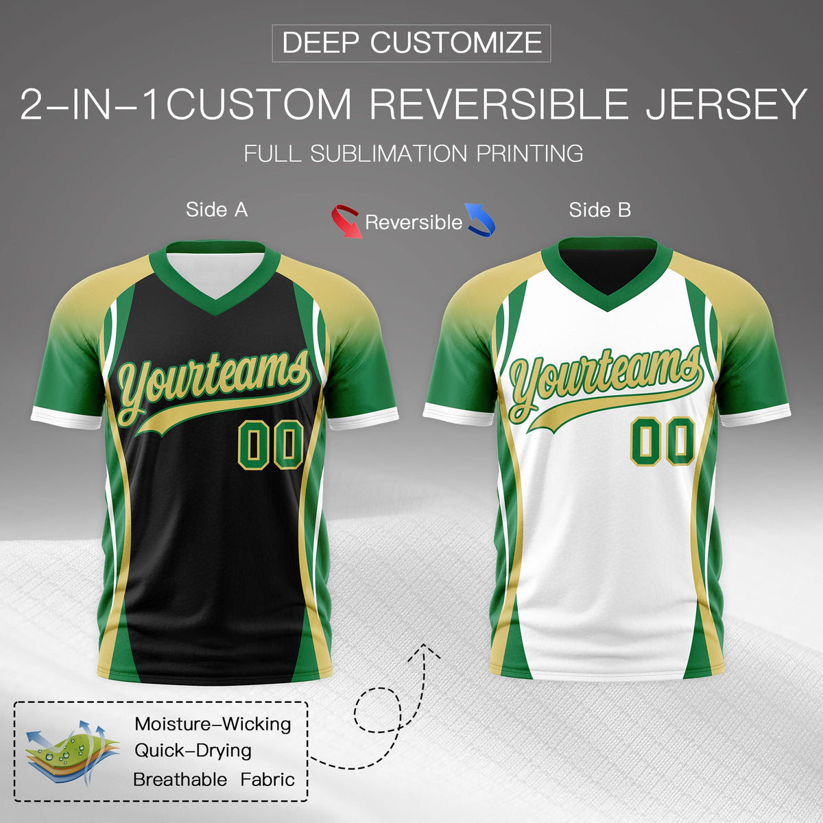 Custom Black Old Gold Kelly Green Reversible Breathable T-shirt| KXKSHOP