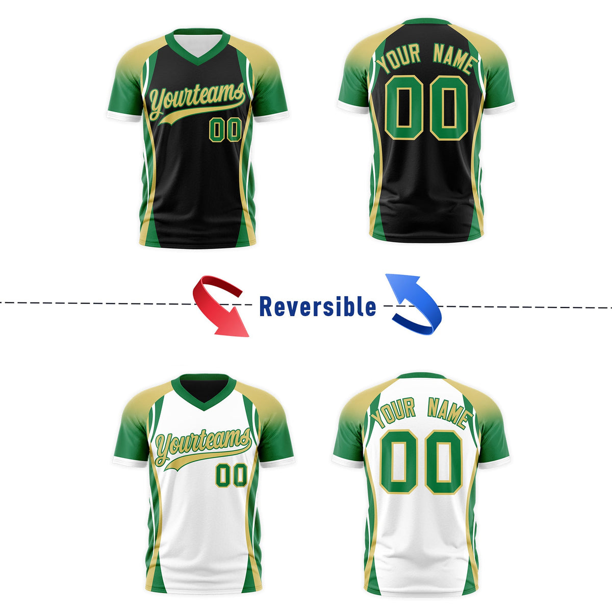Custom Black Old Gold Kelly Green Reversible Breathable T-shirt| KXKSHOP