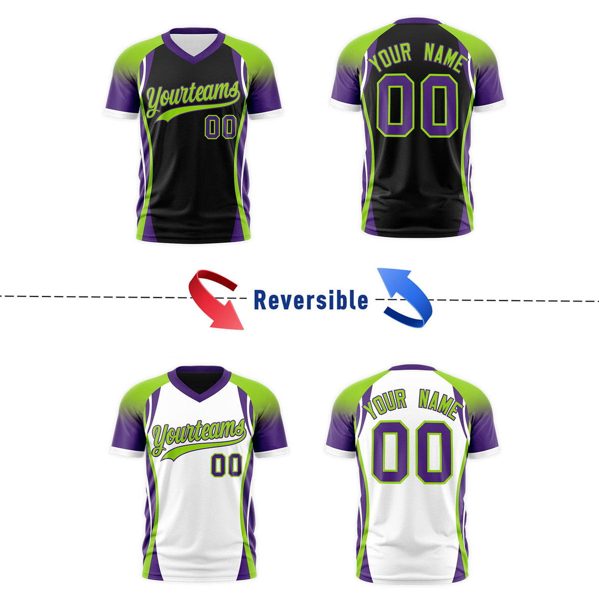 Custom Black Neon Green Purple Reversible Breathable T-shirt| KXKSHOP