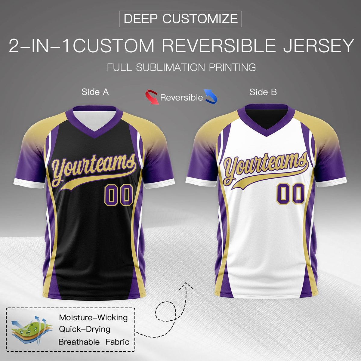 Custom Black Old Gold Purple Reversible Breathable T-shirt| KXKSHOP