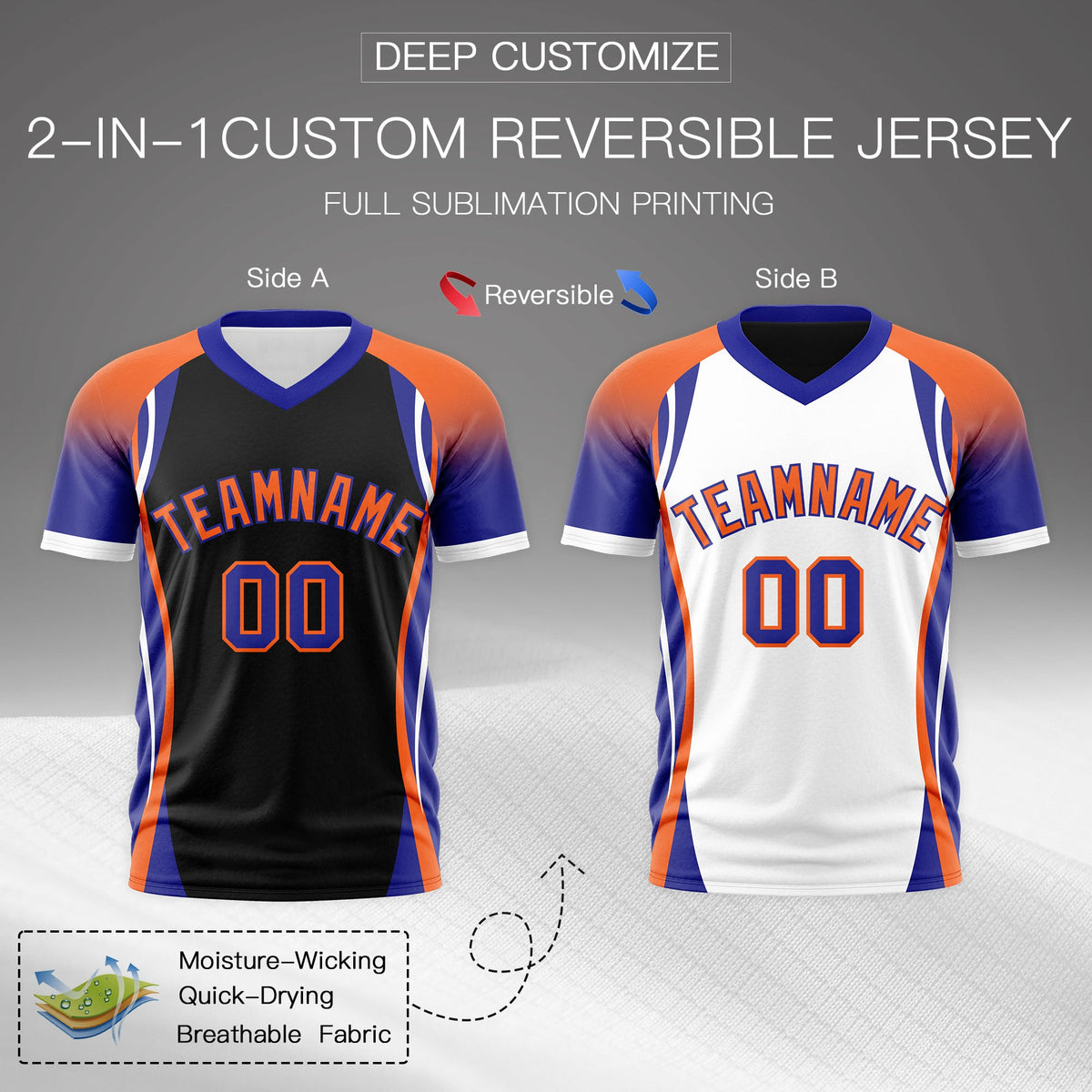 Custom Black Orange Royal Blue Reversible Wrinkle-Resistant T-shirt| KXKSHOP
