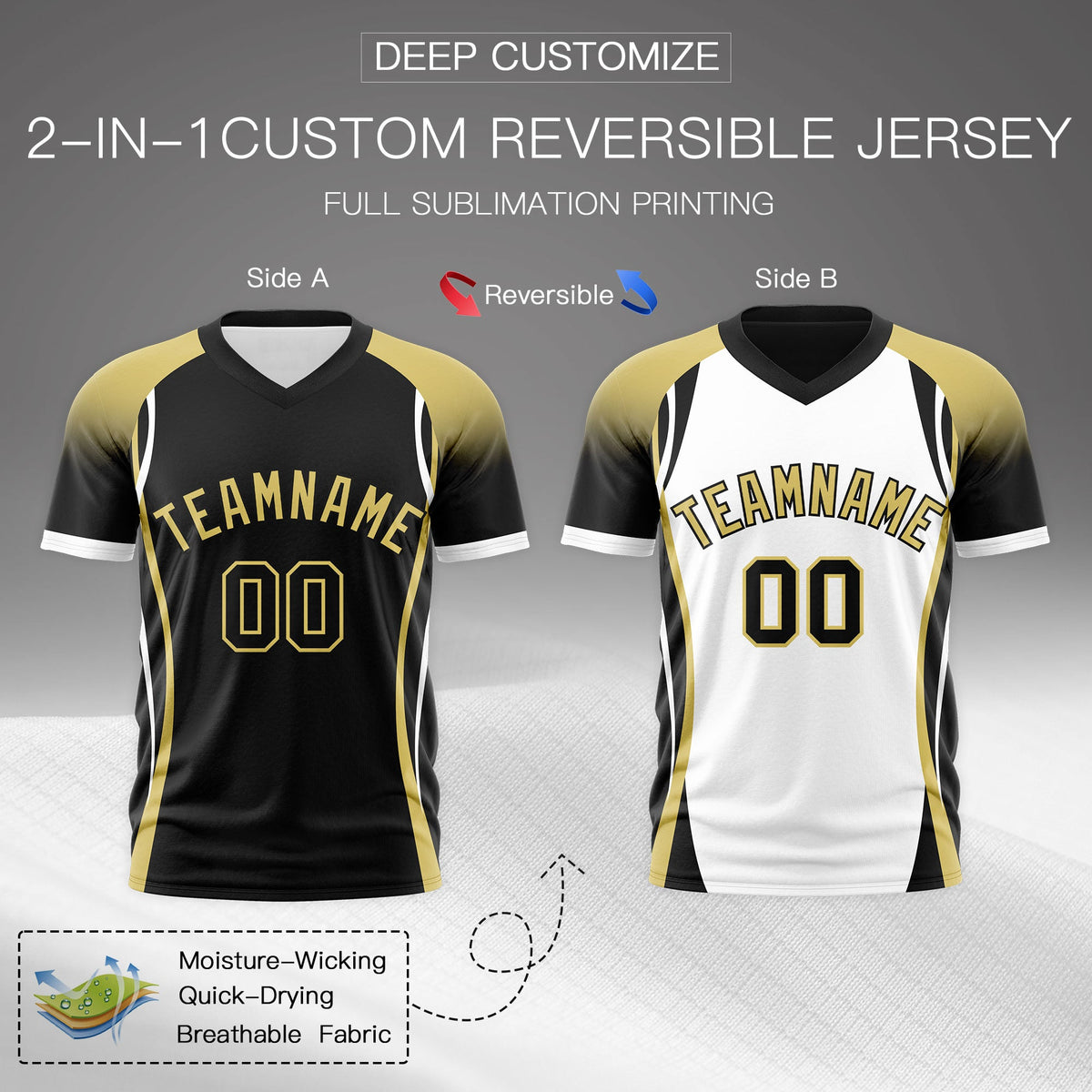 Custom Black Old Gold White Reversible Wrinkle-Resistant T-shirt| KXKSHOP