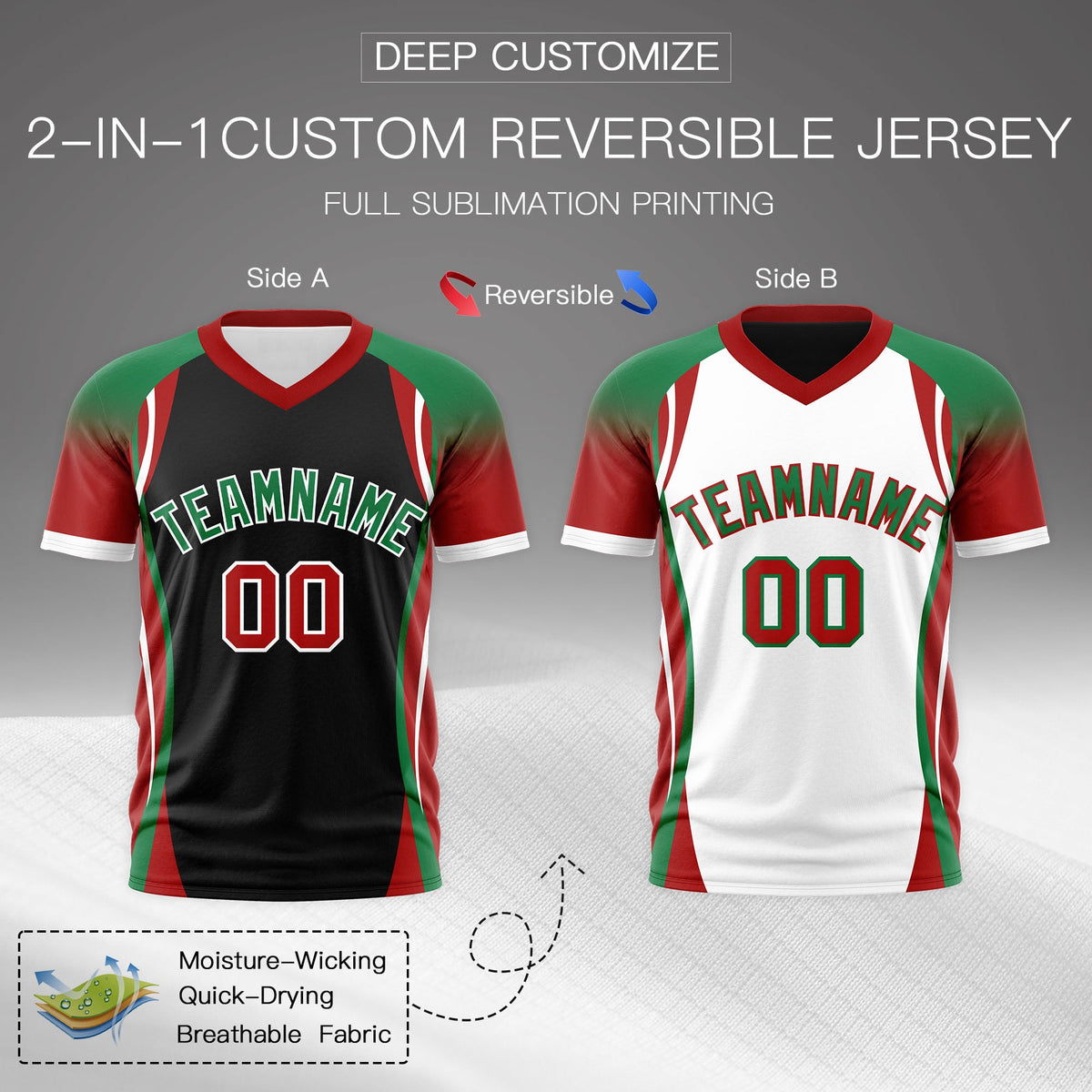 Custom Black Kelly Green Red Reversible Wrinkle-Resistant T-shirt| KXKSHOP