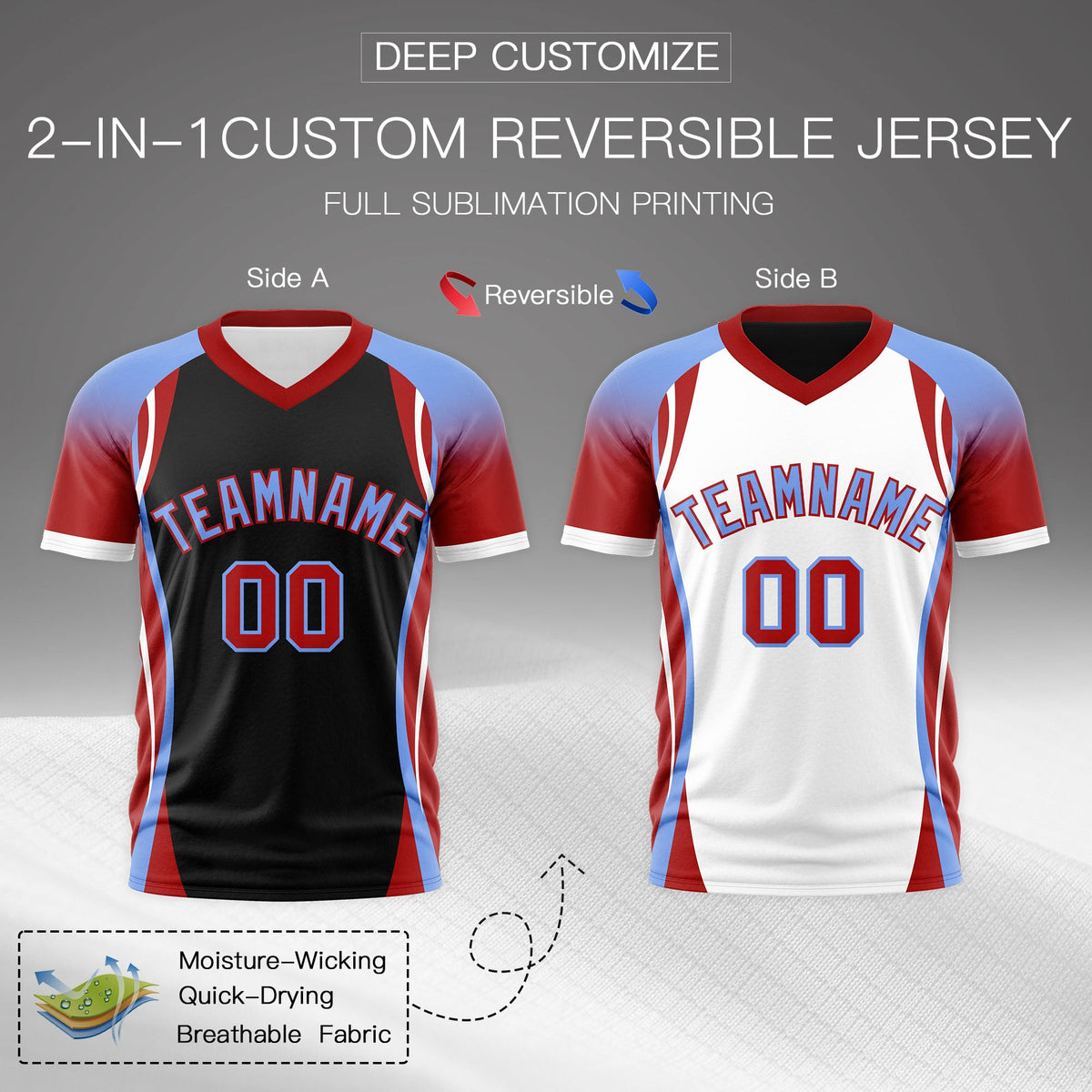 Custom Black Light Blue Red Reversible Breathable T-shirt| KXKSHOP