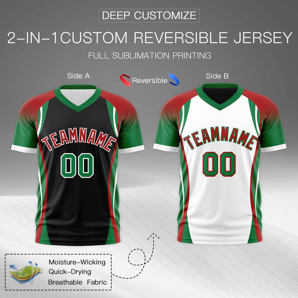 Custom Black Red Kelly Green Reversible Wrinkle-Resistant T-shirt| KXKSHOP