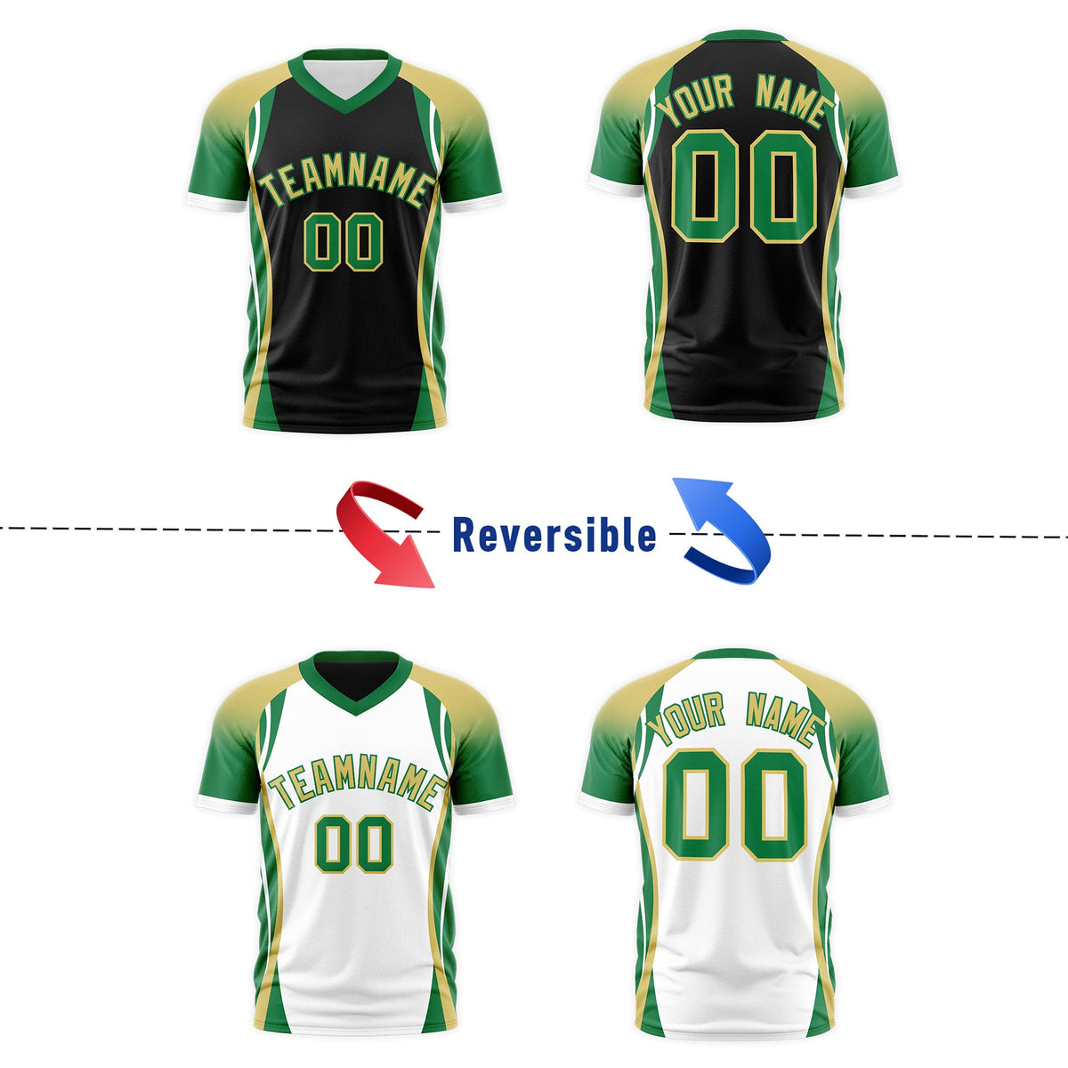 Custom Black Old Gold Kelly Green Reversible Breathable T-shirt| KXKSHOP