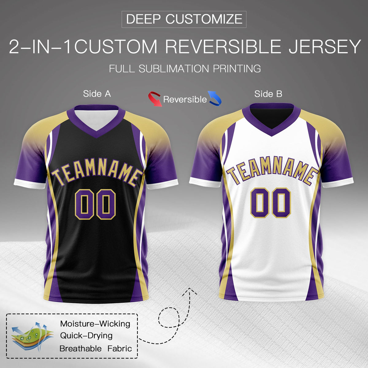 Custom Black Old Gold Purple Reversible Breathable T-shirt| KXKSHOP