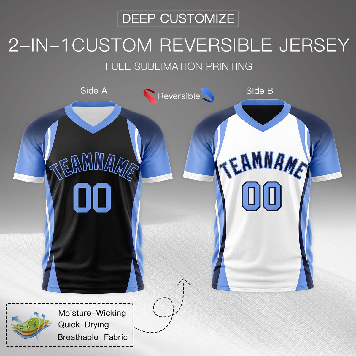 Custom Black Navy Light Blue Reversible Breathable T-shirt| KXKSHOP