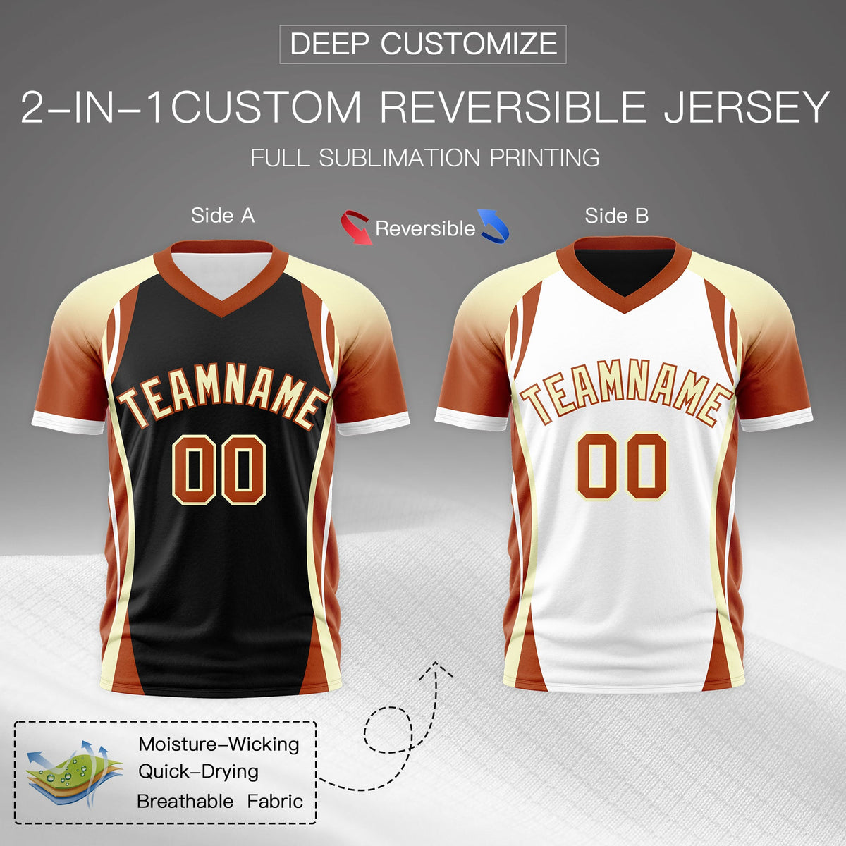 Custom Black Cream Dark Orange Reversible Breathable T-shirt| KXKSHOP