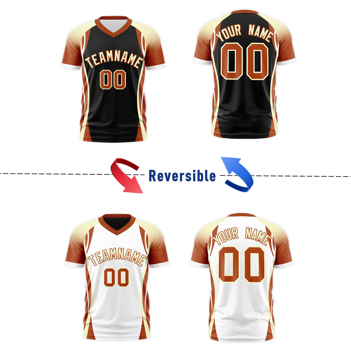 Custom Black Cream Dark Orange Reversible Breathable T-shirt| KXKSHOP