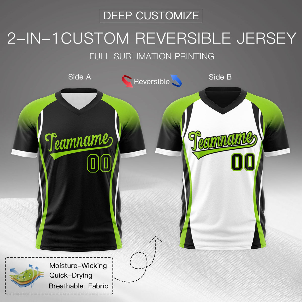 Custom Black Neon Green White Reversible Wrinkle-Resistant T-shirt| KXKSHOP