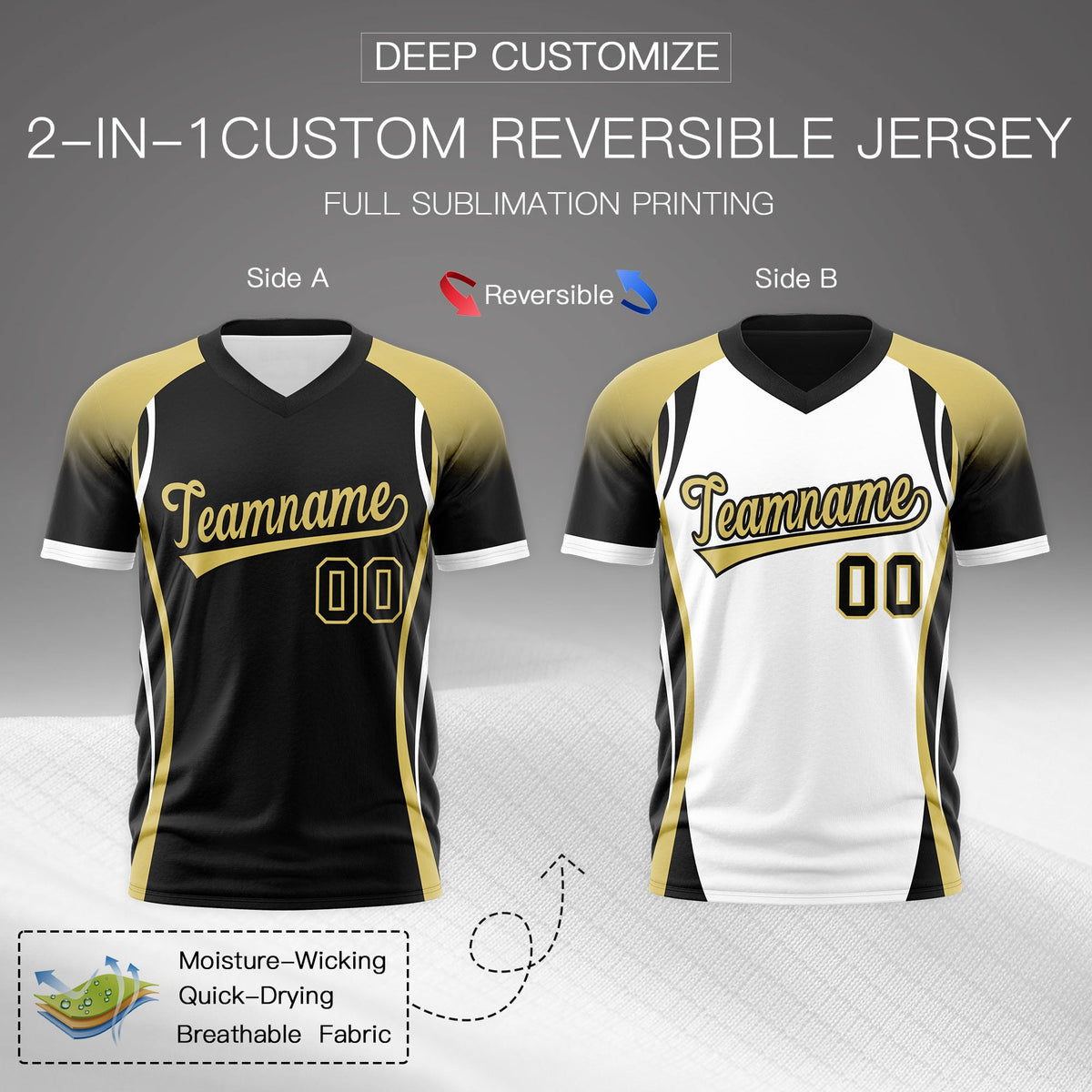 Custom Black Old Gold White Reversible Wrinkle-Resistant T-shirt| KXKSHOP